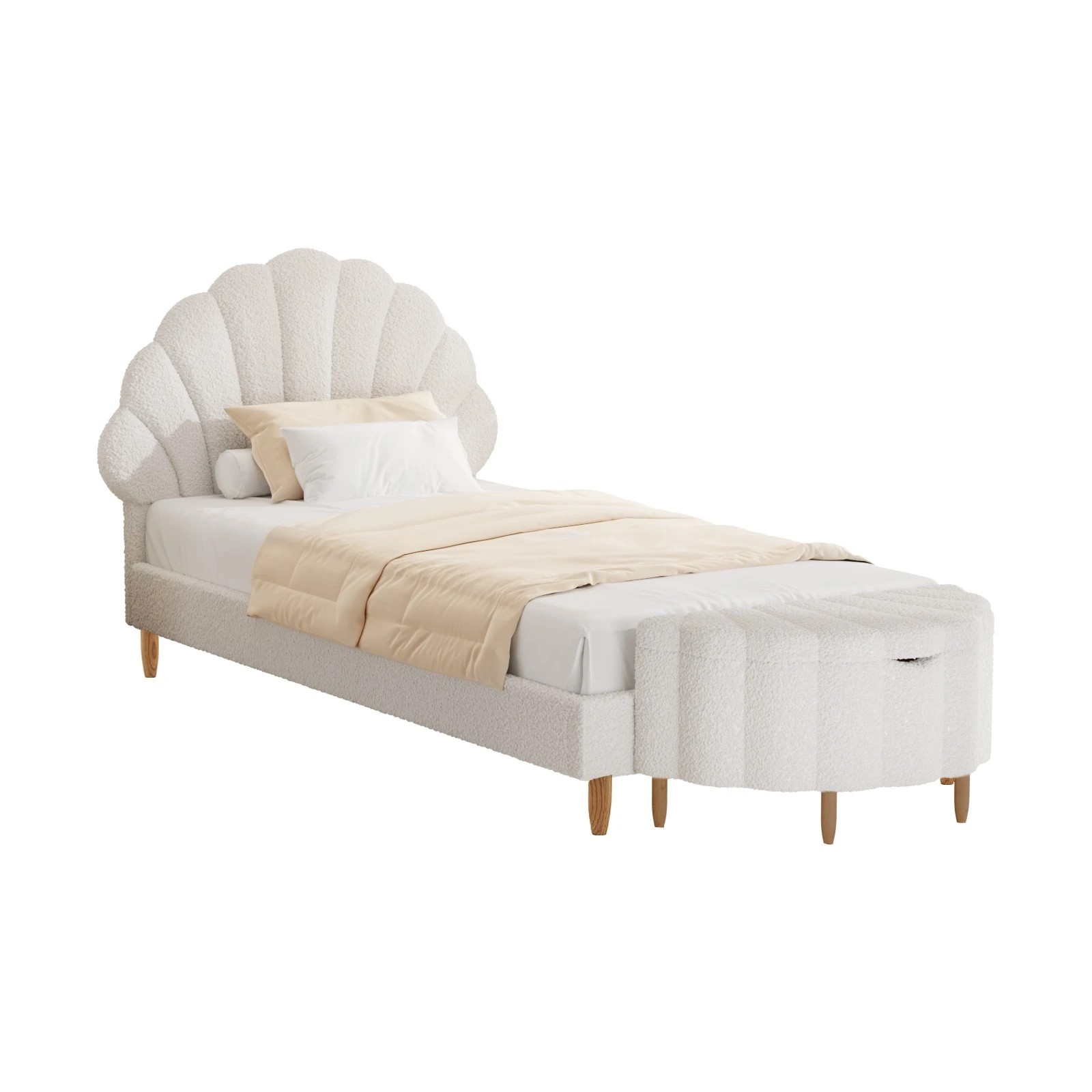 1 Oikiture Boucle Bed Frame with Ottoman Set Scallop Shaped Sherpa Bedhead Single - White, 1 of 9
