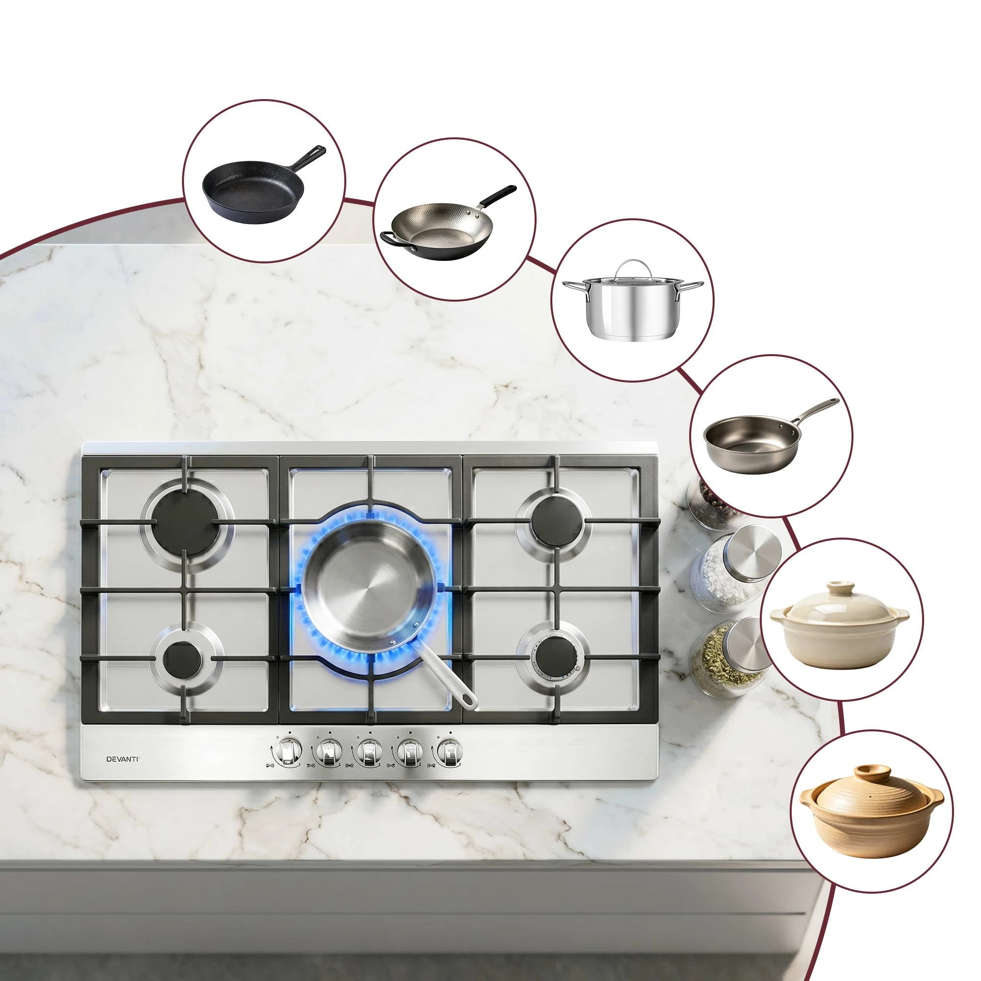 8 Devanti 90cm Gas Cooktop 5 Burner LPG NG Stainless Steel Hob Cast Iron Pan Support - Silver, 8 of 9