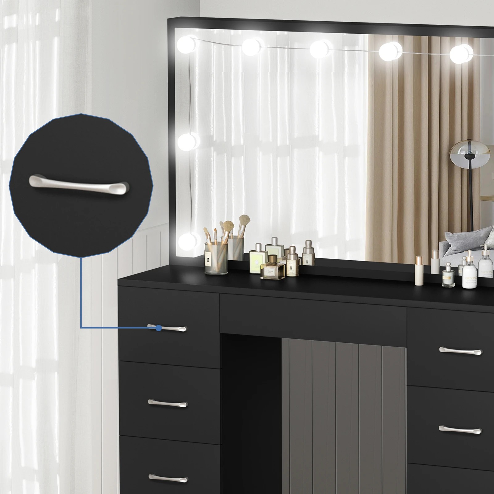 4 Alfordson Dressing Table Stool Set Makeup Mirror Desk LED 10 Bulbs - Black, 4 of 10