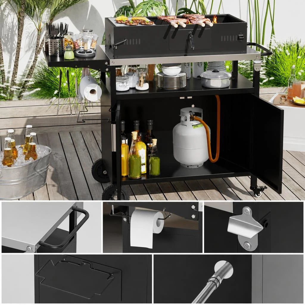 4 Costway Outdoor BBQ Grill Cart 84cm Kitchen Island Trolley Folding Stainless Food Prep Cabinet - Black, 4 of 7