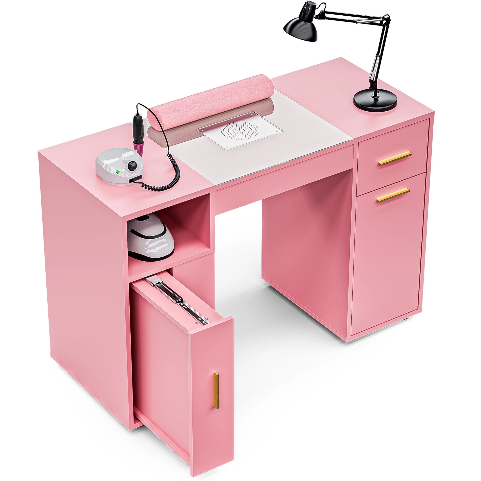 7 Advwin Manicure Table Vanity Desk With Dust Collector Glass Top Storage Cabinet
 - Pink, 7 of 10