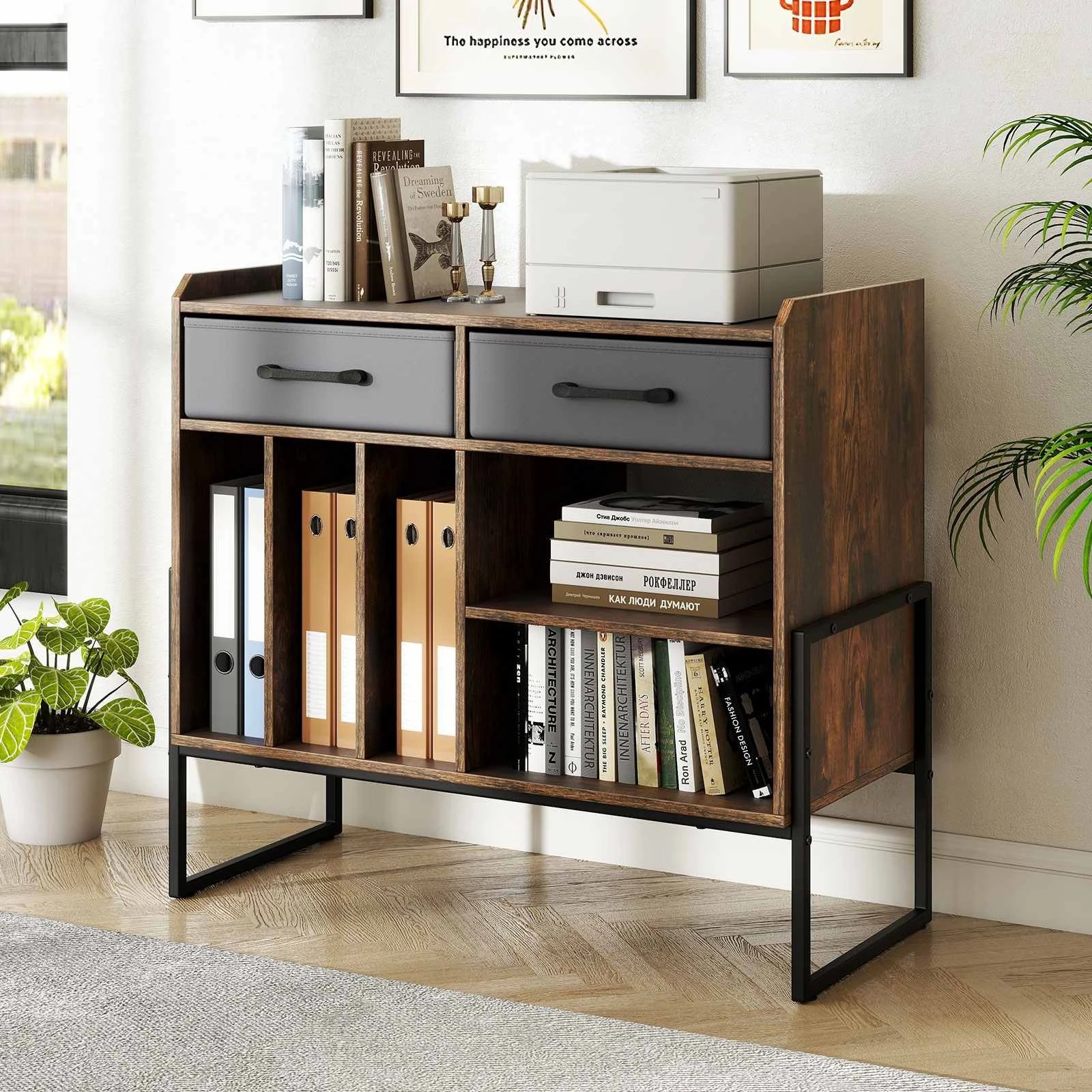 3 Costway Record Player Stand Vinyl Cabinet w/Charging Station, 3 of 4