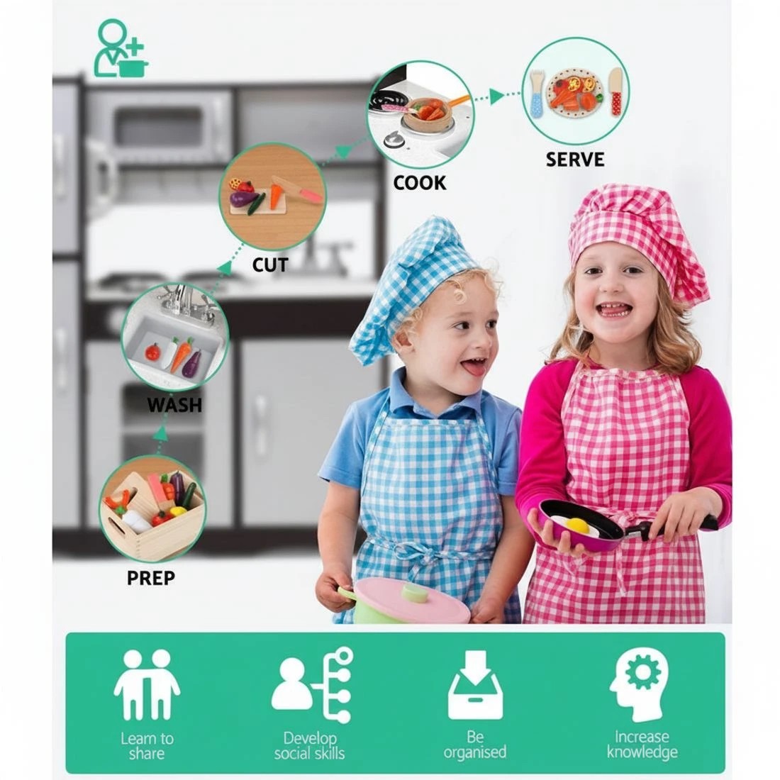 4 Keezi Kids Kitchen Play Set Wooden Pretend Toys Cooking Children Stove Fridge - Multi, 4 of 5