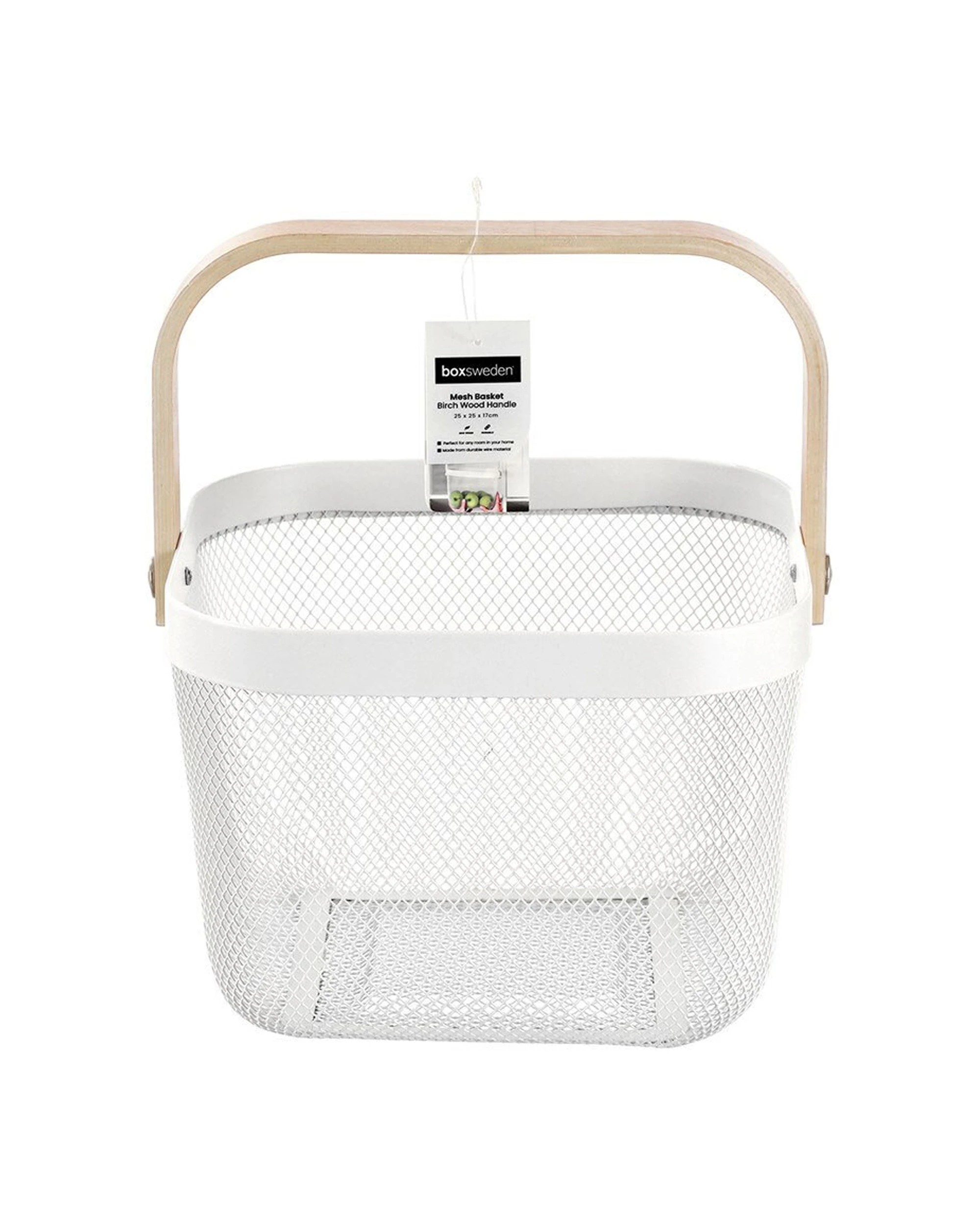 4 Boxsweden 2PK Mesh Storage Basket Birch Wood Handle Durable 25x25x17cm - White, 4 of 5