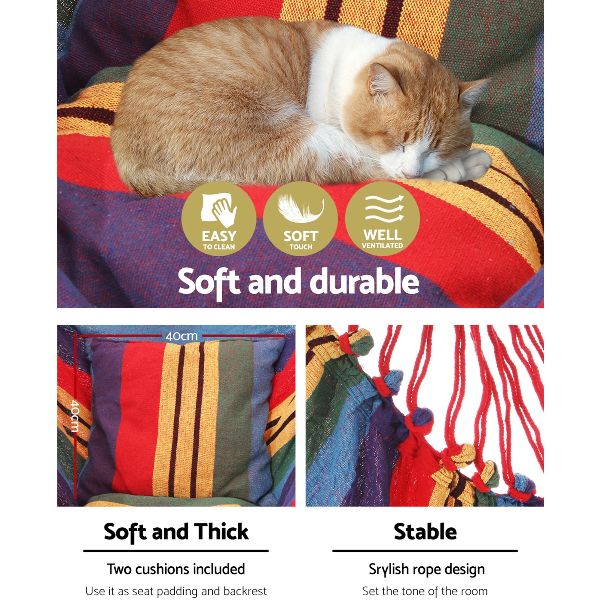 4 Gardeon Hammock Chair Outdoor Camping Hanging Hammocks Cushion Pillow Rainbow - Multi, 4 of 7