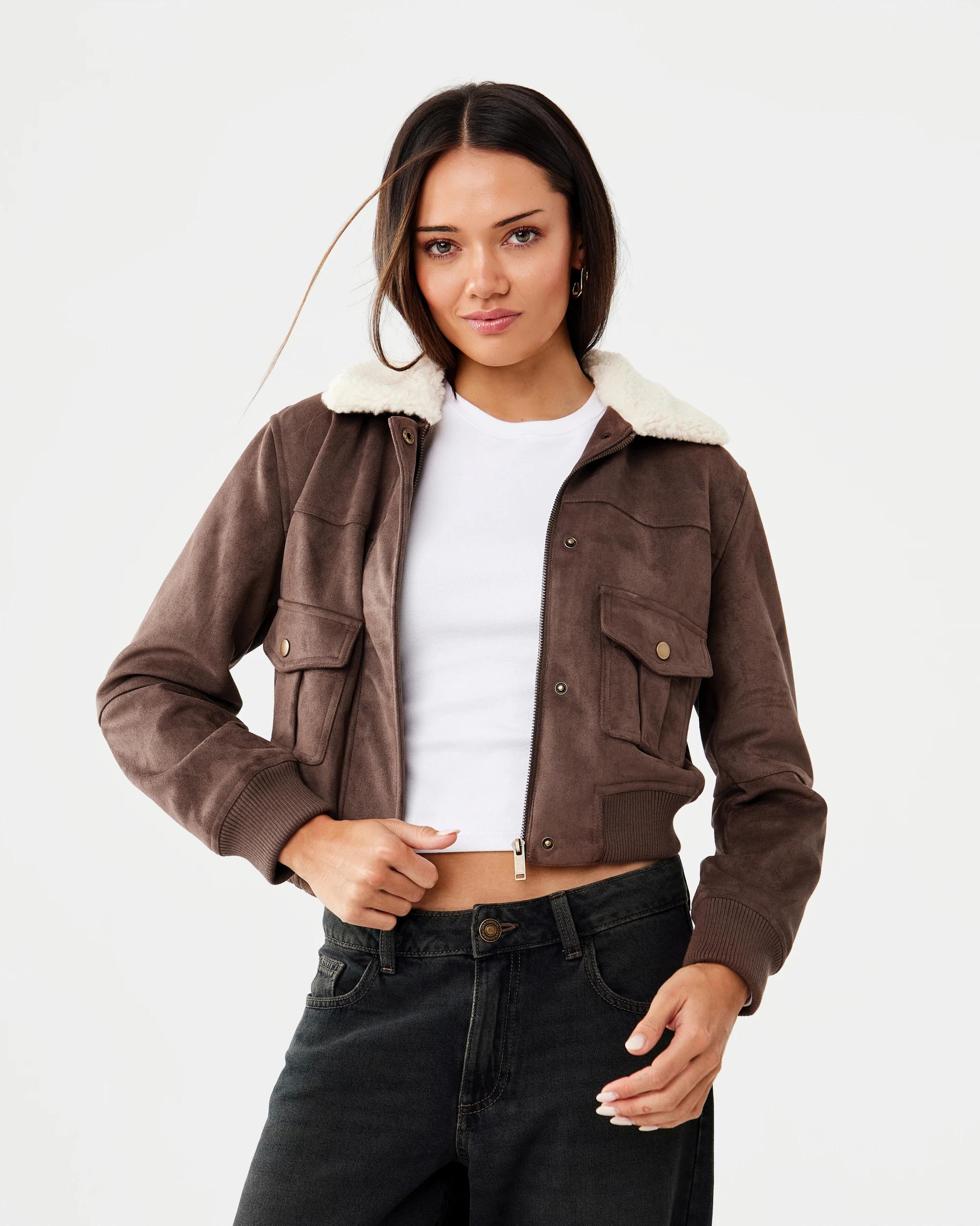1 Faux Fur Trim Jacket Brn Cafe
