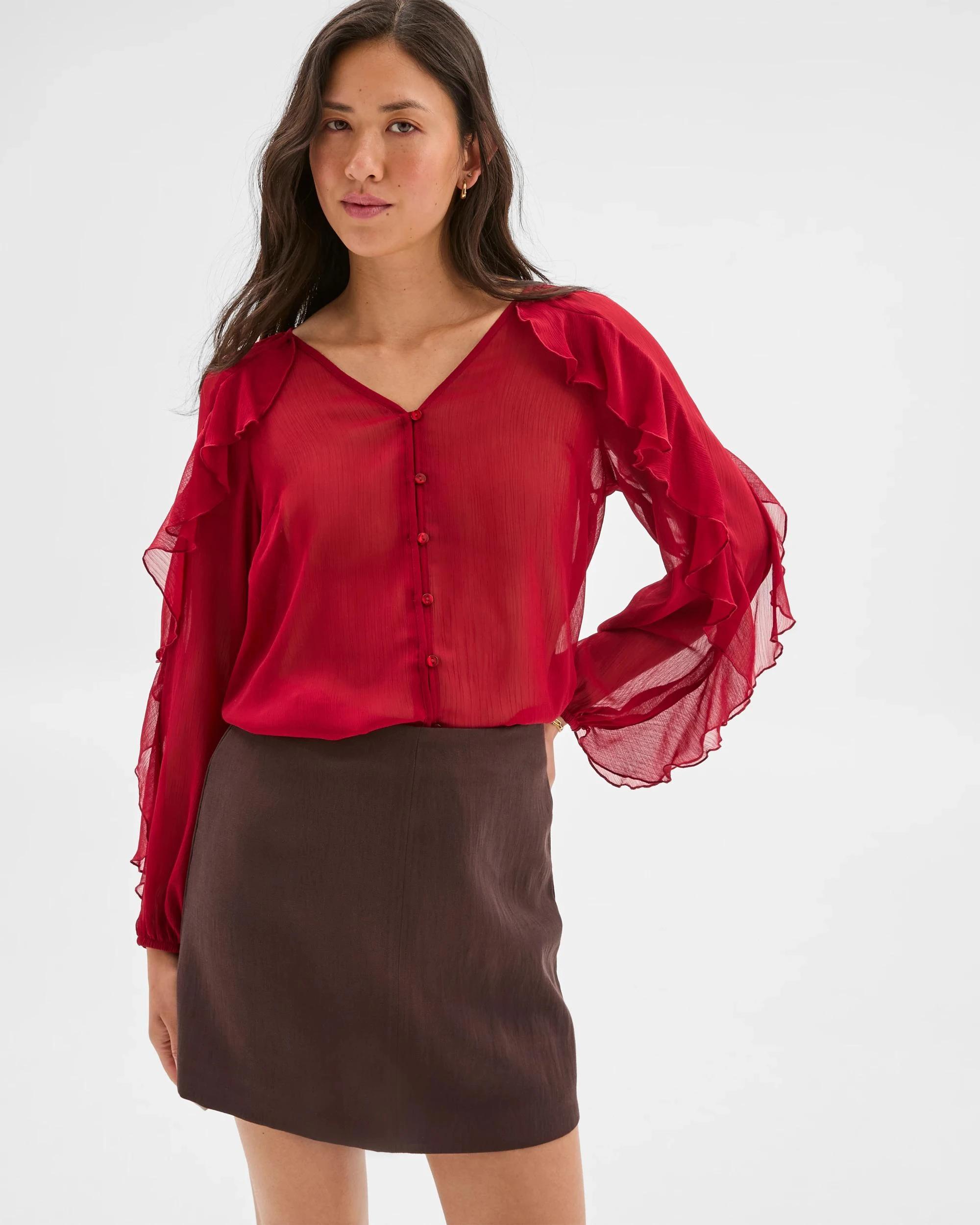 6 Long Sleeve Ruffle Detail Blouse - Preview CRIMSON, 6 of 7
