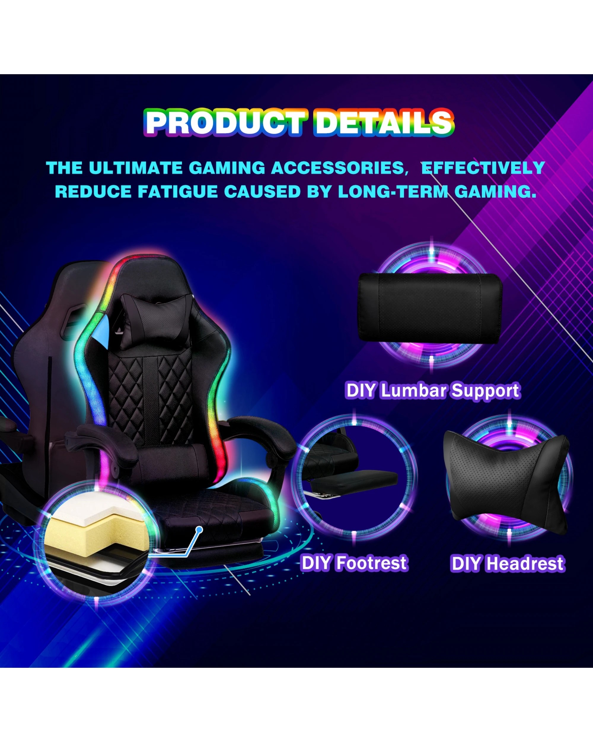 2 Advwin 135° Recline Gaming Chair with Massagers and Led Lights - Black, 2 of 3