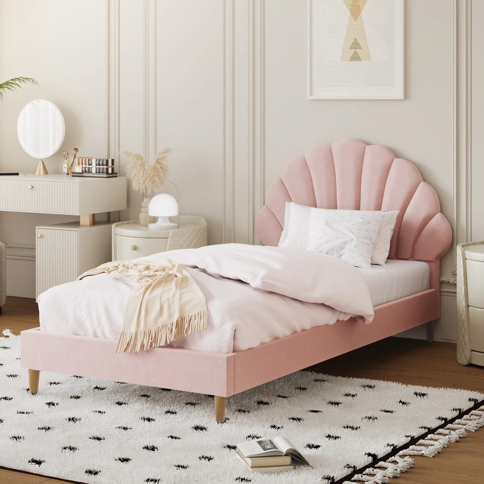 7 Oikiture Single Bed Frame Scallop-shape Bedhead Velvet
 - Pink, 7 of 10