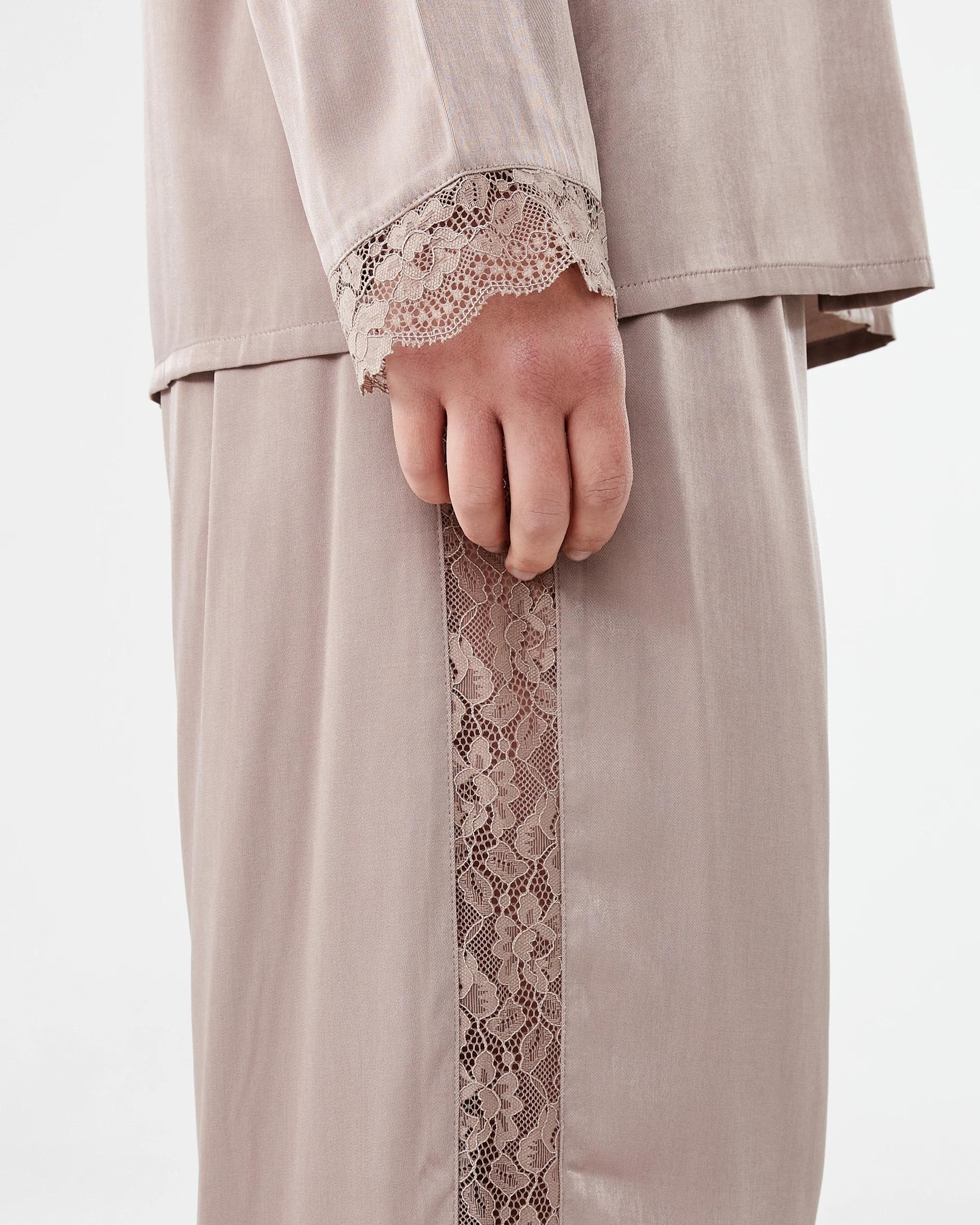 9 Lace Trim Matte Satin Pyjama Set Grey Taupe, 9 of 9