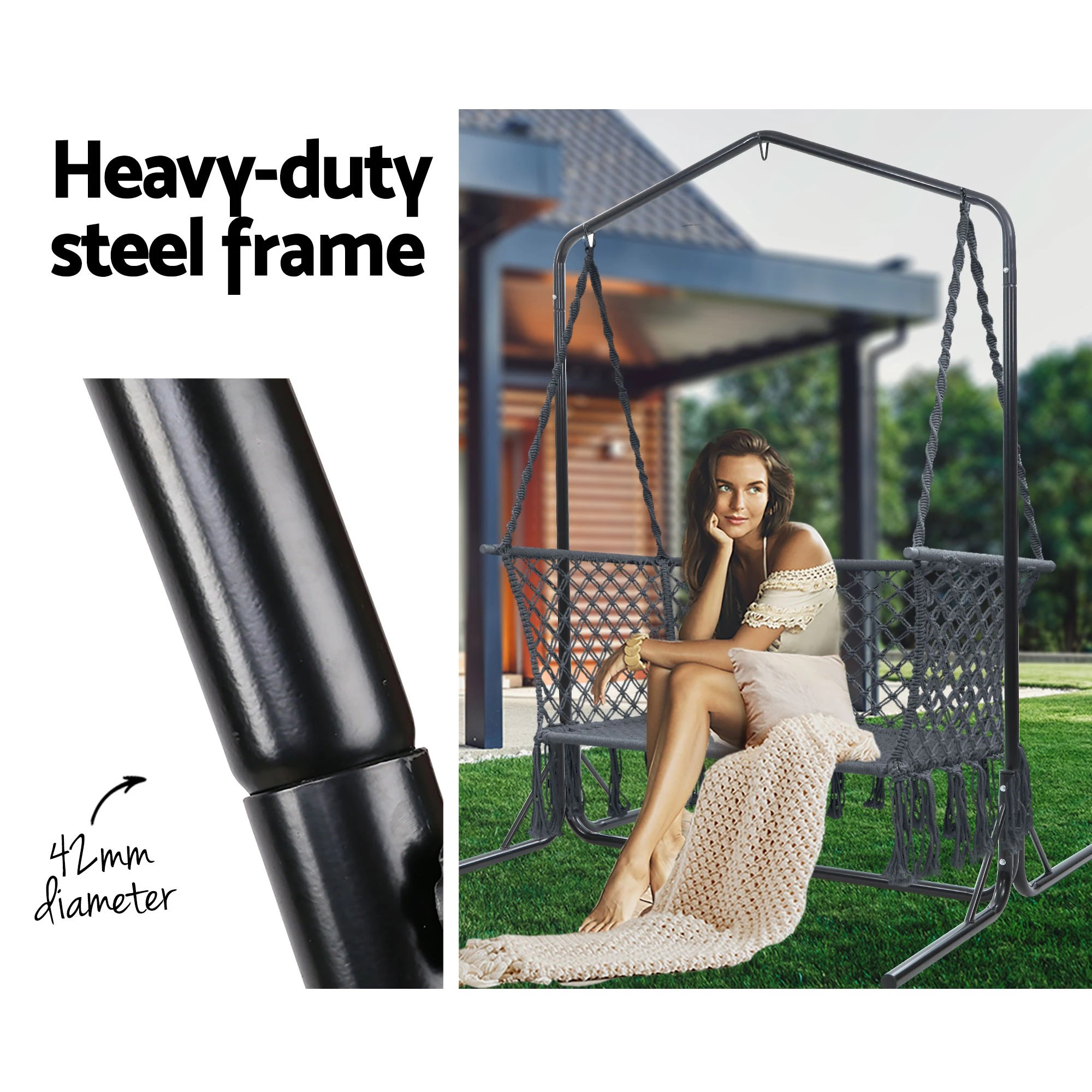 4 Gardeon Hammock Chair with Stand Macrame Outdoor Garden 2 Seater - Multi, 4 of 6