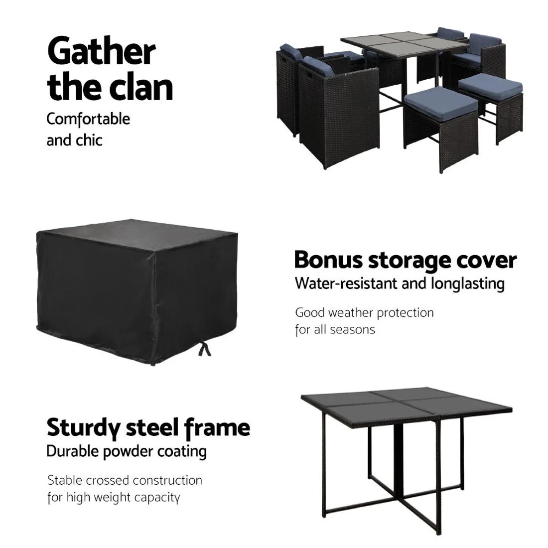 4 Gardeon Outdoor Dining Set 9 Piece Wicker Table Chairs Setting - Black, 4 of 6