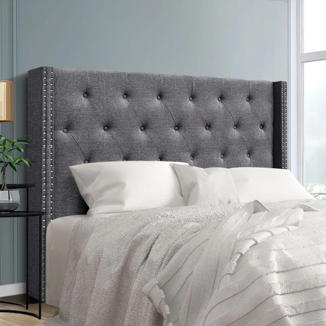 3 Artiss Luca Wingback Queen Bed Headboard Tufted Linen Fabric Padded Studded Design Modern Bedroom Comfort Accent - grey, 3 of 7