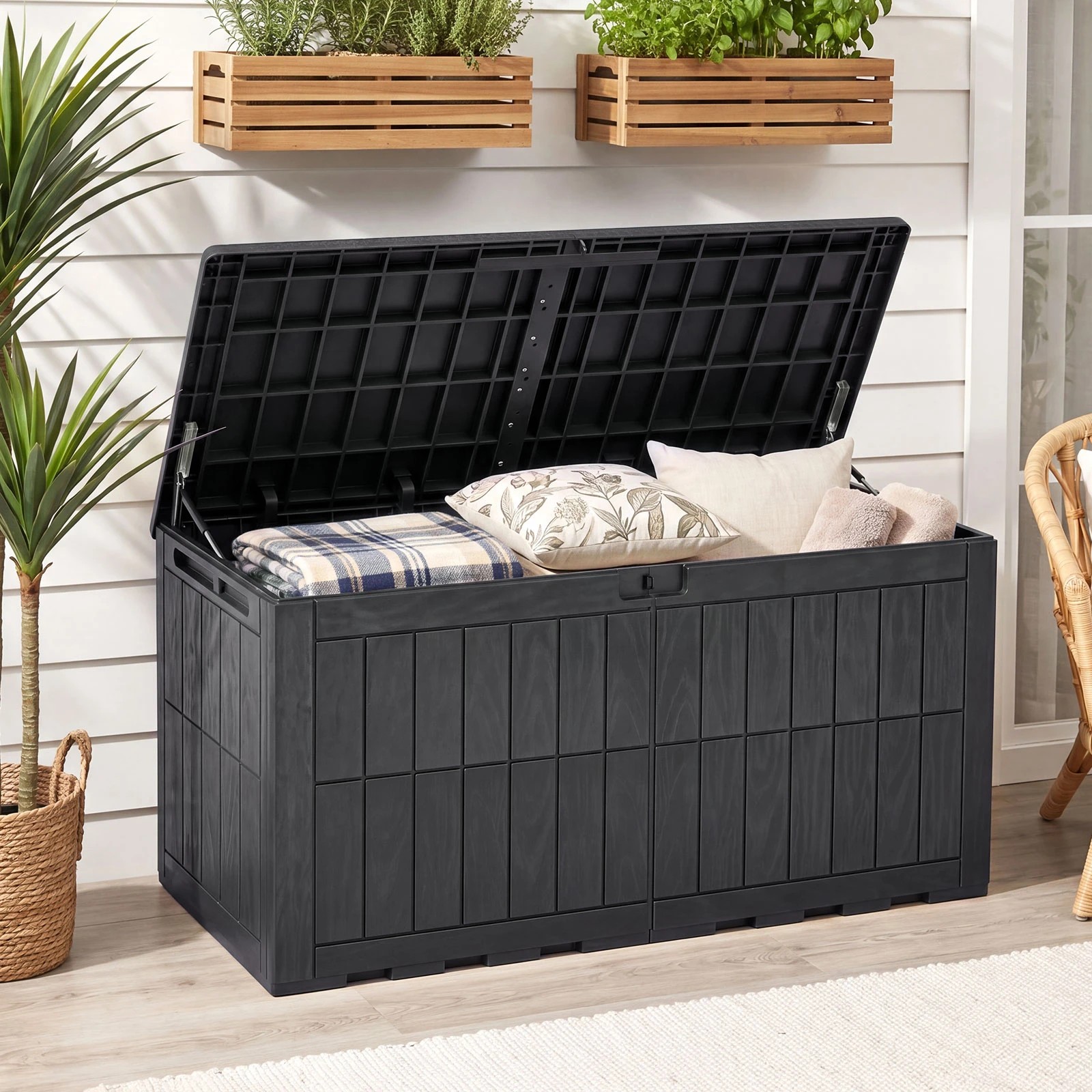 5 Costway 455L Outdoor Deck Box Patio Bench All-Weather Storage Bin w/Handles - Black, 5 of 6