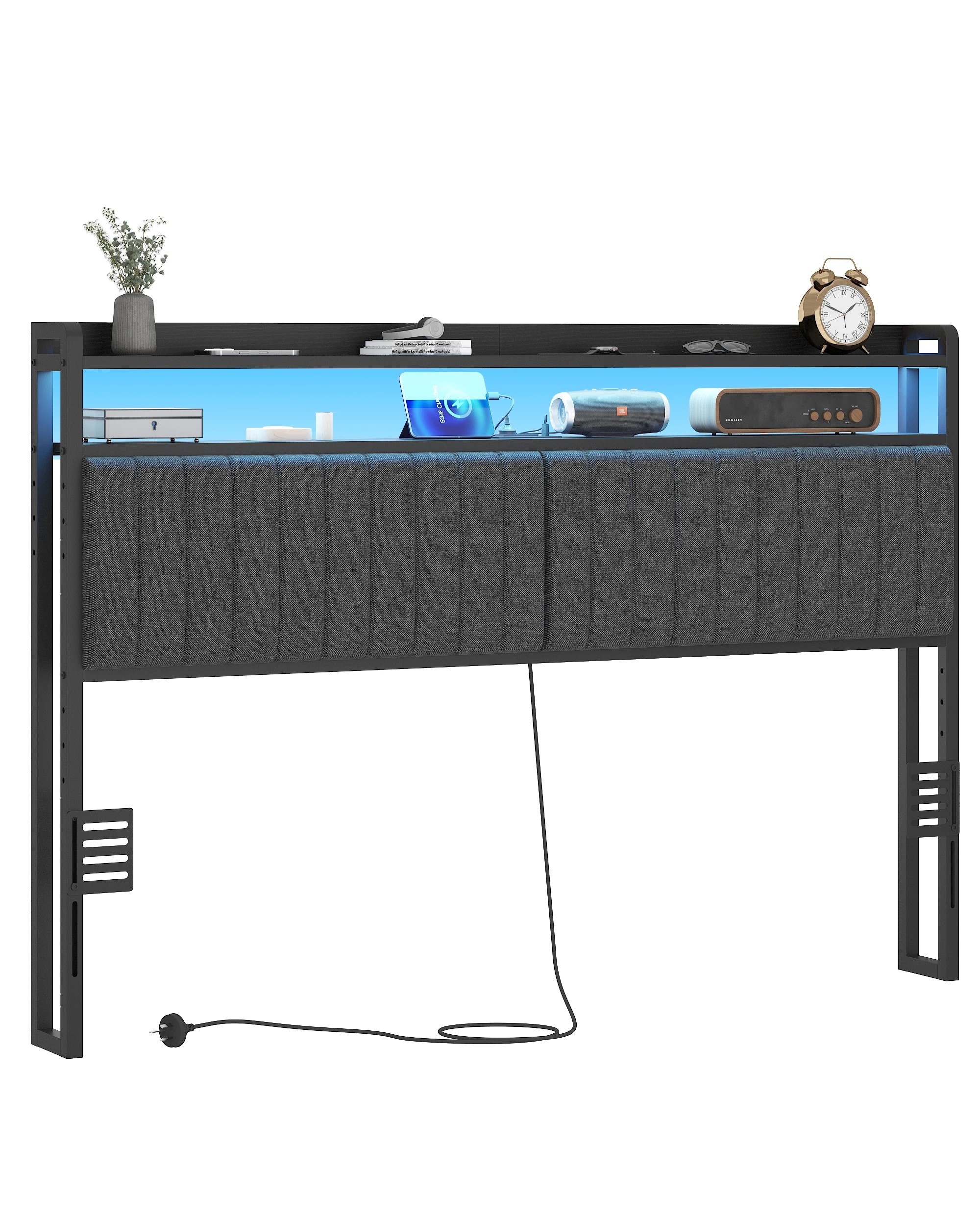 4 Advwin Double Size Storage Headboard Upholstered with LED Light Charging Station Height Adjustable - Black, 4 of 7