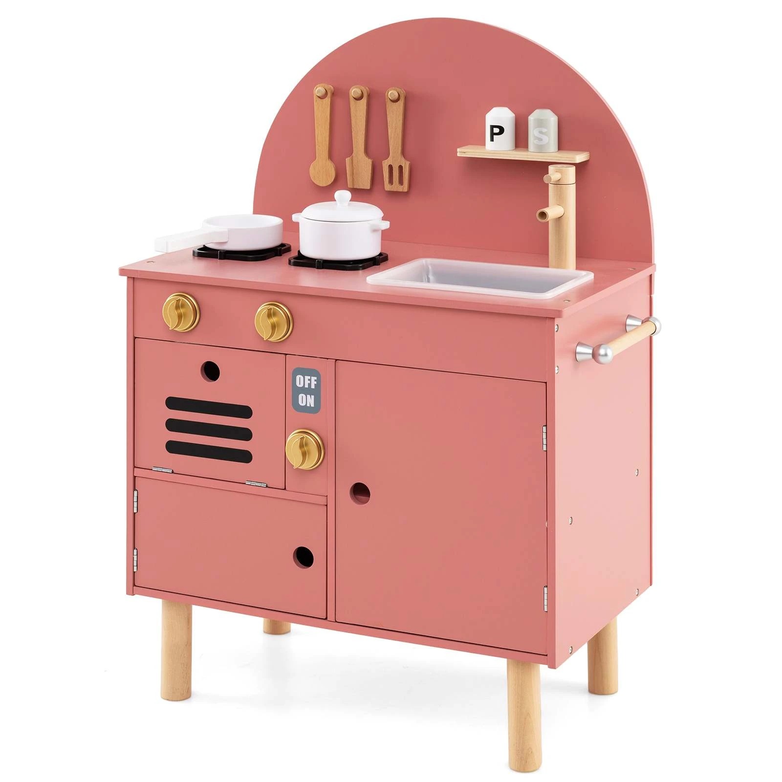 1 Costway Kids Small Wooden Play Kitchen with Stove, Sink & Microwave - Pink, 1 of 3