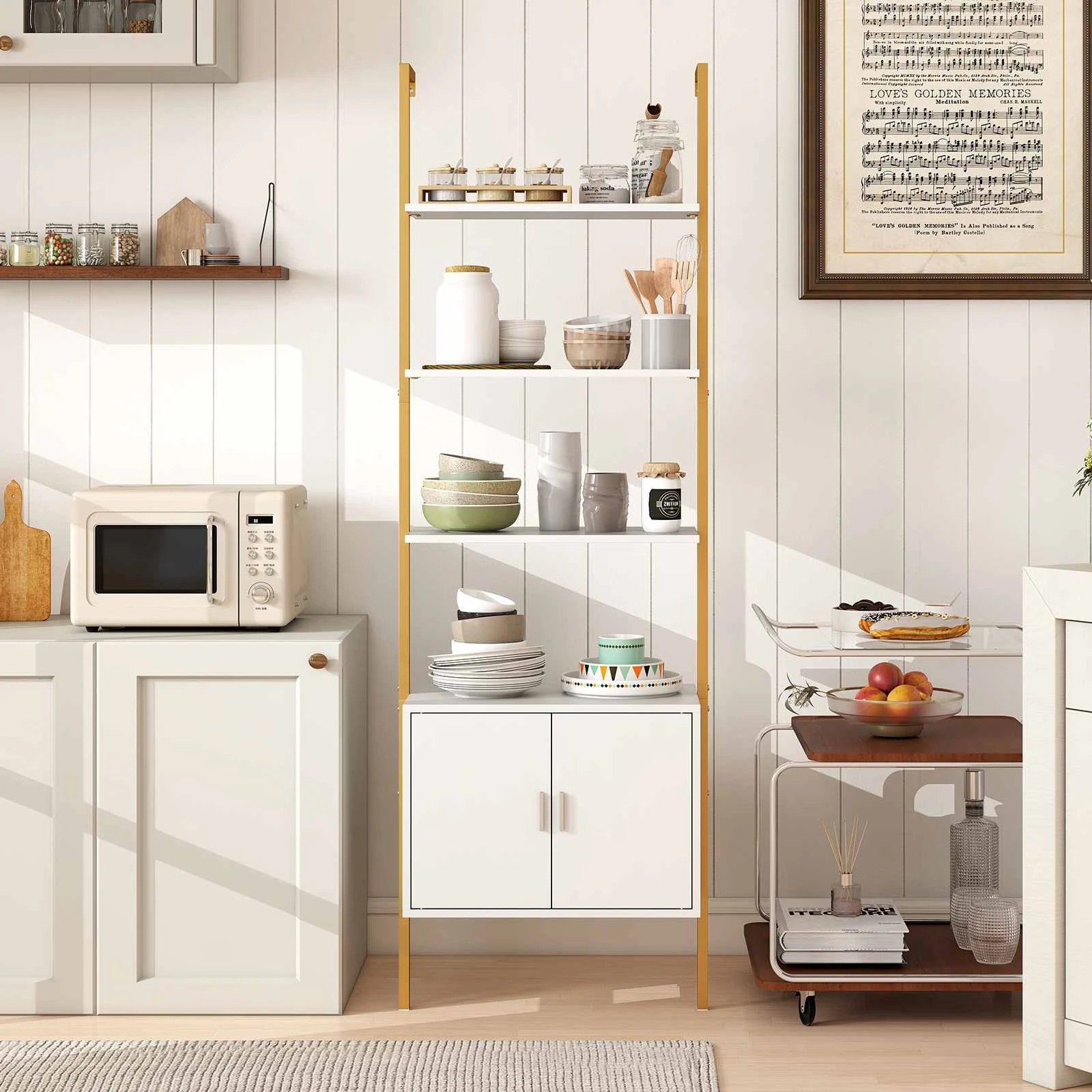 2 Costway 5-Tier Tall Bookshelf Wall Mount Ladder Bookcase w/Cabinet Open Storage Display Rack - White, 2 of 3