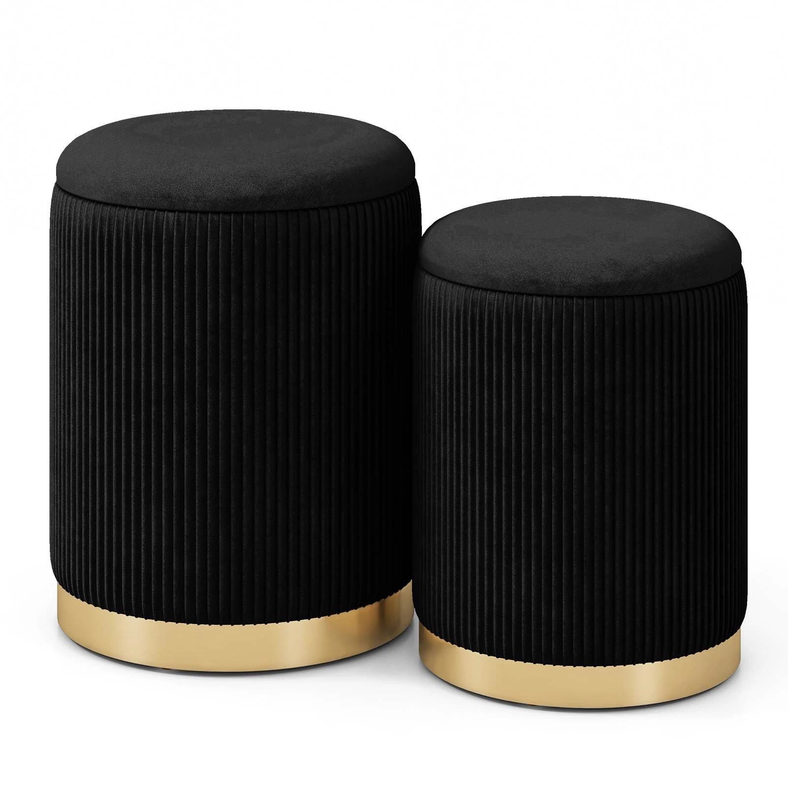 1 Costway 2PCS Round Storage Ottoman Linen Fabric Vanity Stool Upholstered Chair Black, 1 of 3