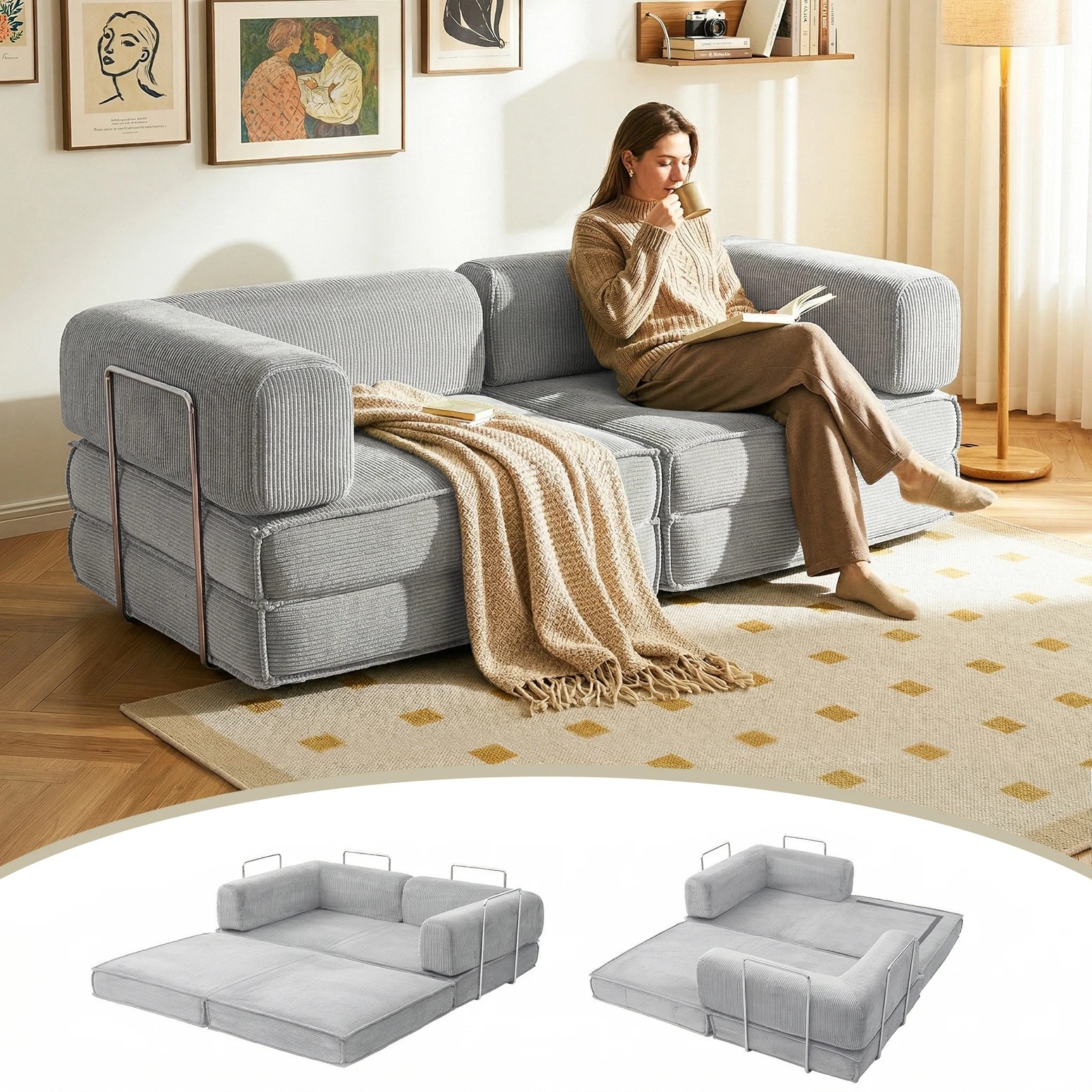 9 Artiss Convertible Folding Sofa Bed - Grey, 9 of 9