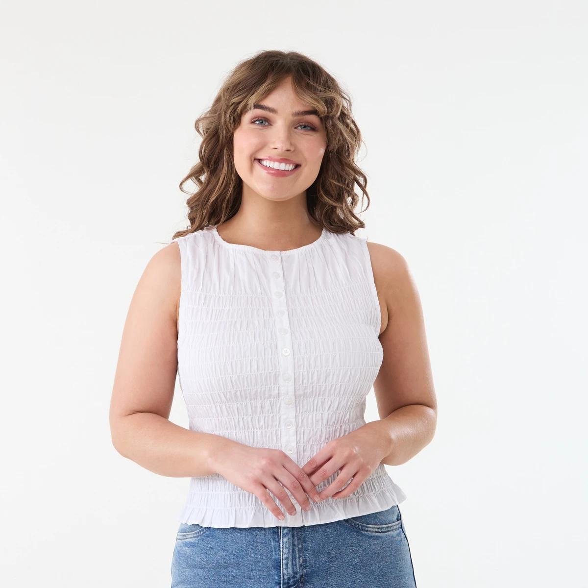 1 Sleeveless Shirred Button Through Top WHITE, 1 of 5