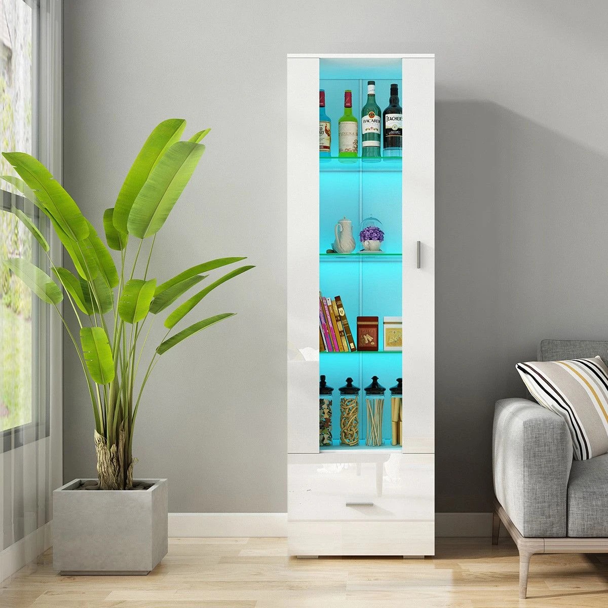 3 AUSWAY 190cm Wood Tall Side Cabinet with Thick Glass Shelves 1 Drawer High Gloss Front White, 3 of 7