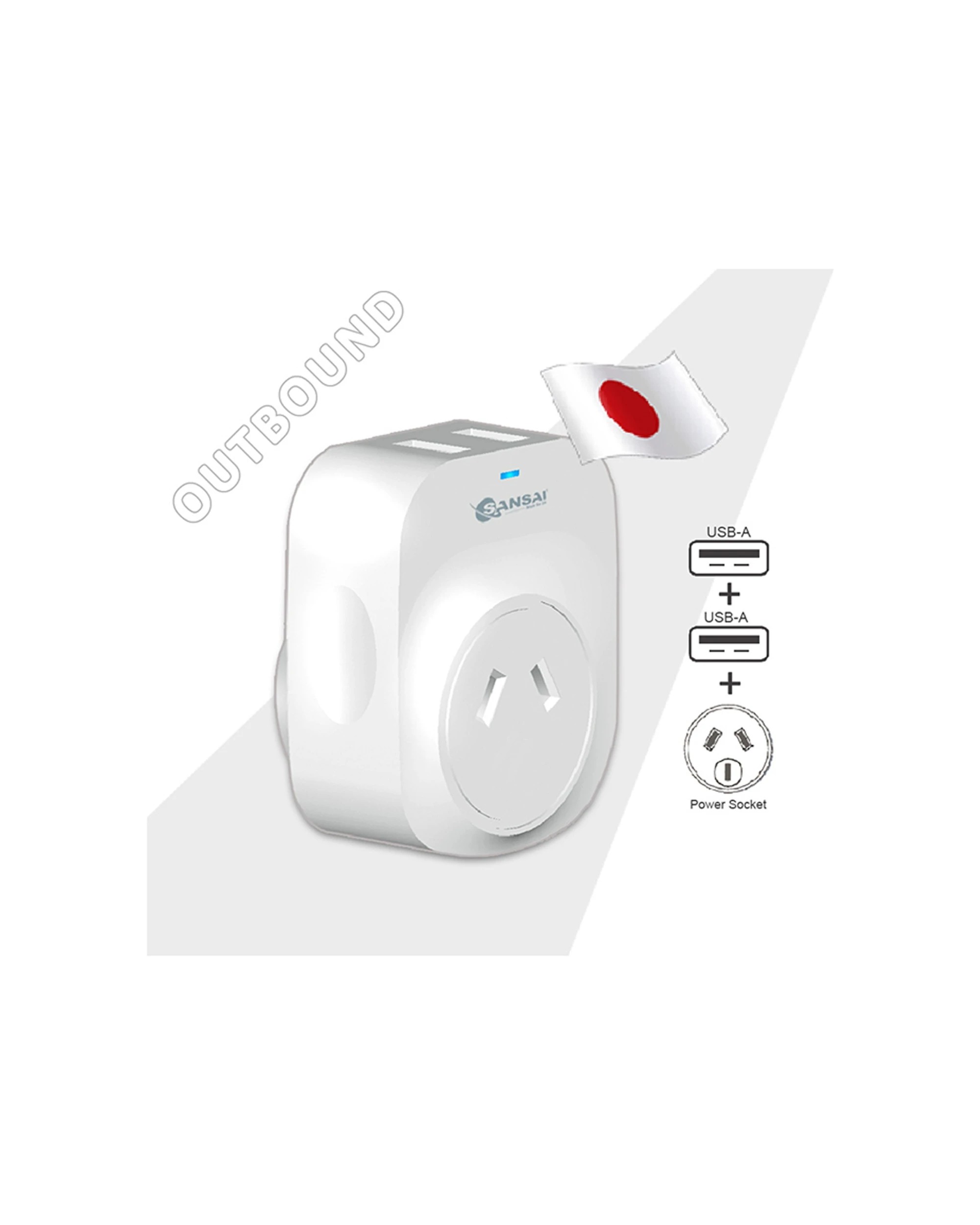 2 Sansai Surge Protected Travel Adapter with 2 USB Ports AU Japan Region - White, 2 of 3