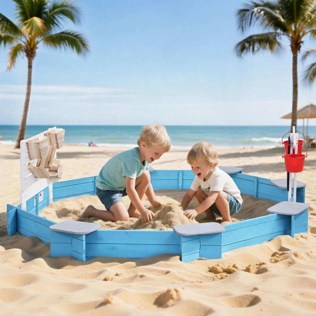 6 Keezi Kids Sandpit en Round Sand Pit Funnel Bench Seat Beach Toys 215cm - Natural, 6 of 7