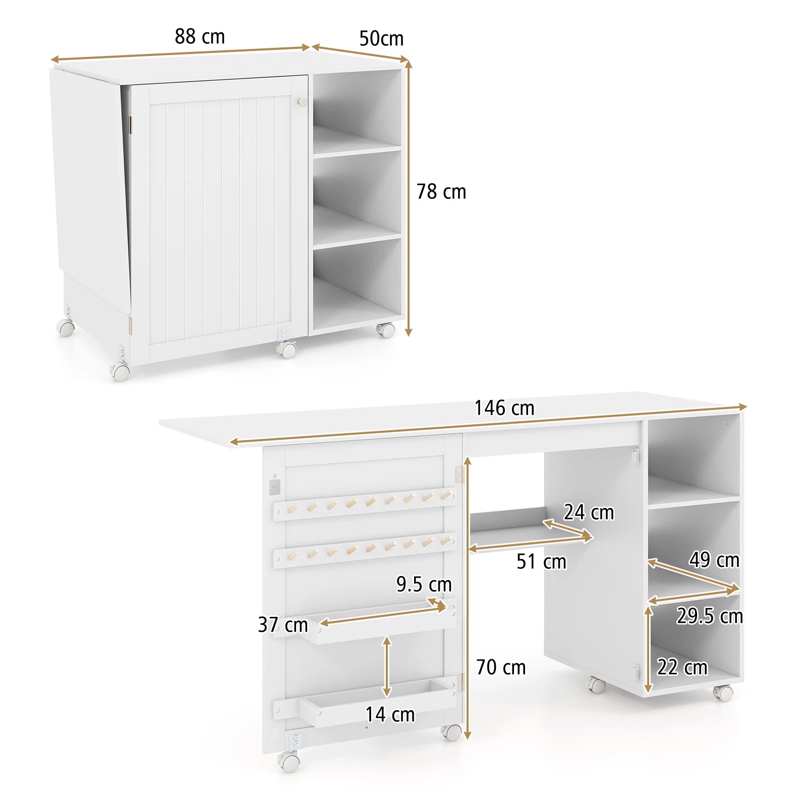 2 Costway Folding Sewing Table Portable Rolling Craft Station w/Storage Bins - White, 2 of 3