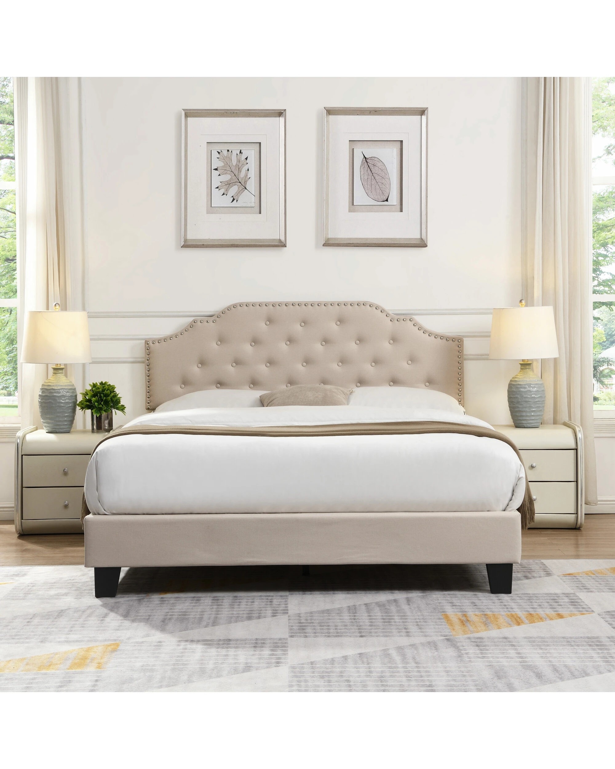 2 IHOMDEC BEF02 Queen Size Bed Frame Base - Beige - Beige, 2 of 10