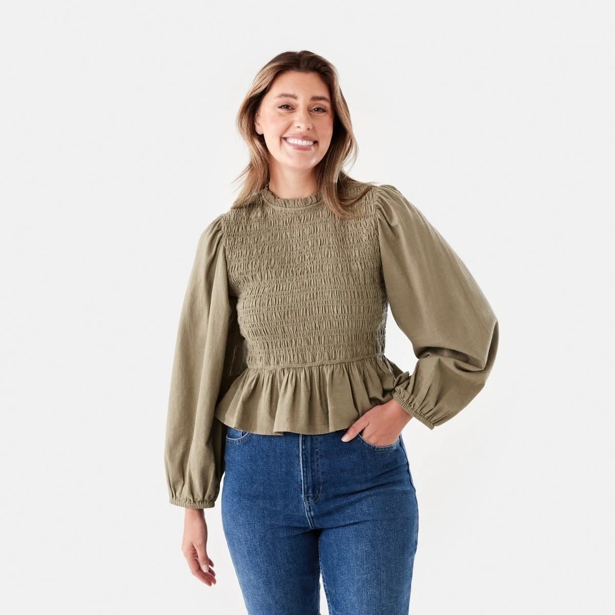 1 Long Sleeve Shirred Bodice Top Pave Grey, 1 of 7