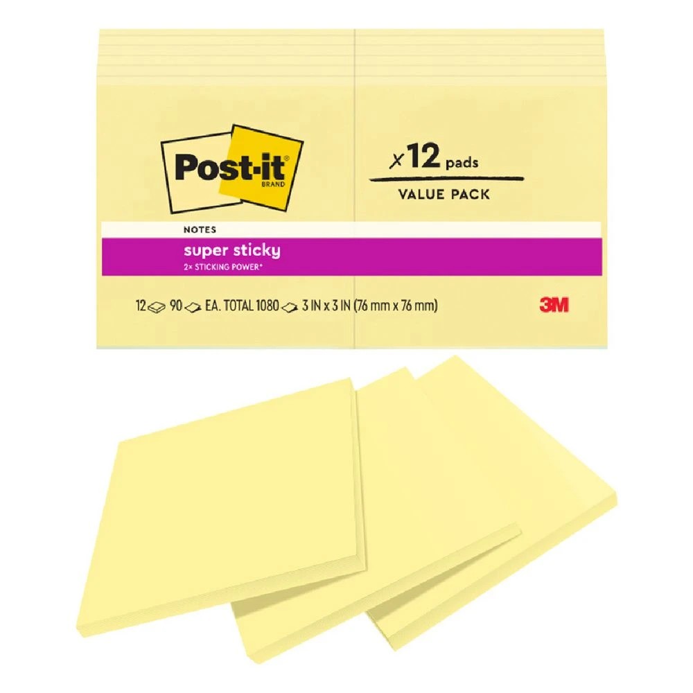 3 Post-it Super Sticky Notes 76 x 76mm Canary Yellow 12 Pack, 3 of 8
