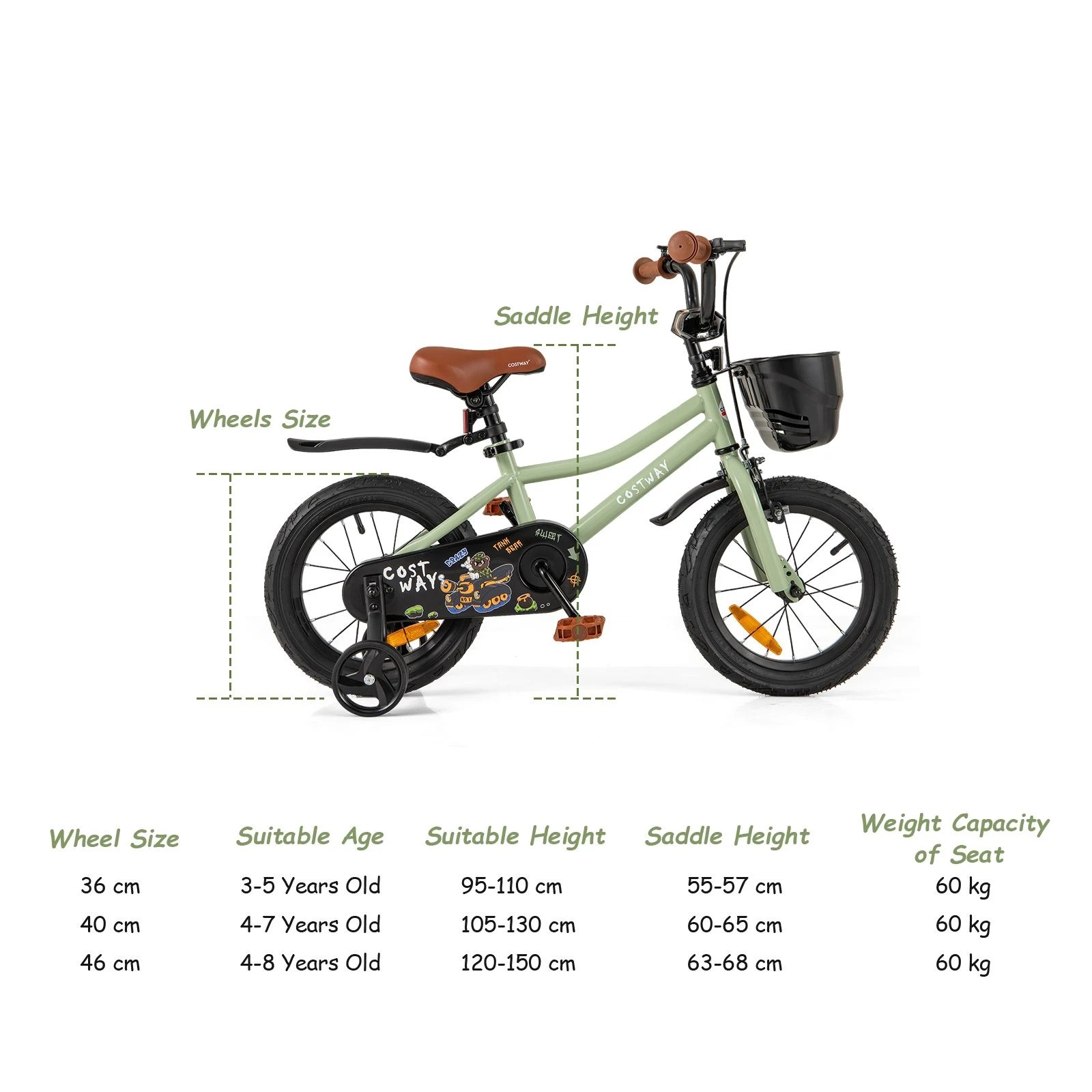 2 Costway 36cm Kids Bike w/Training Wheels & Adjustable Seat Push Pedal Bike Bicycle - Green, 2 of 2