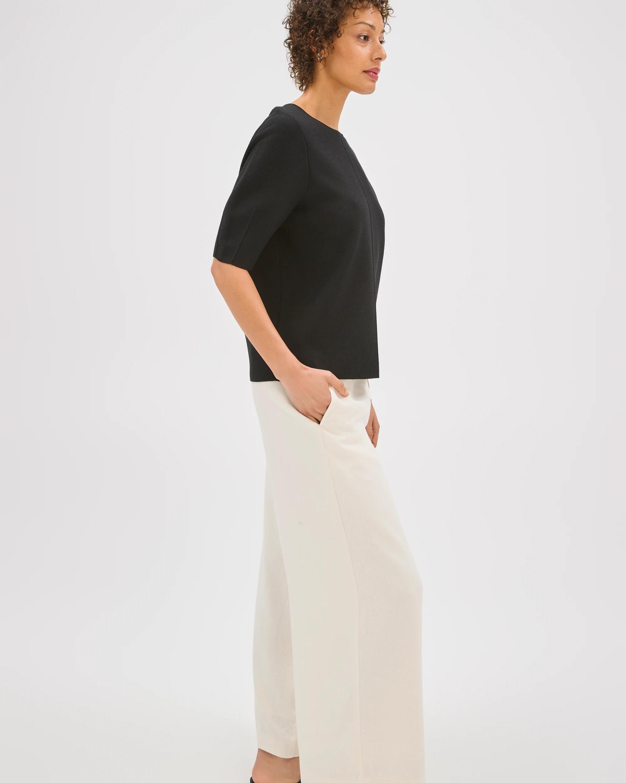 2 Preview Lantern Short Sleeve Crepe Knit Top BLACK, 2 of 7