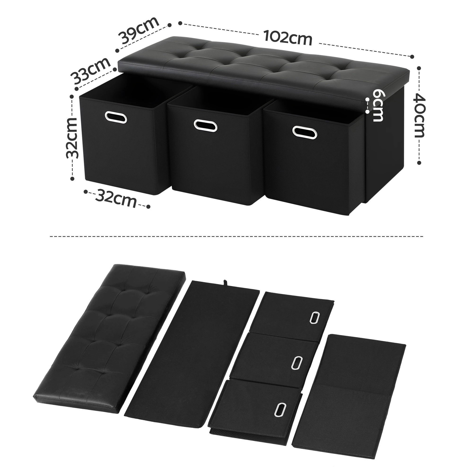 2 Artiss Storage Ottoman with 3 Cube Drawers Foot Stool Rest Foldable - Black, 2 of 7