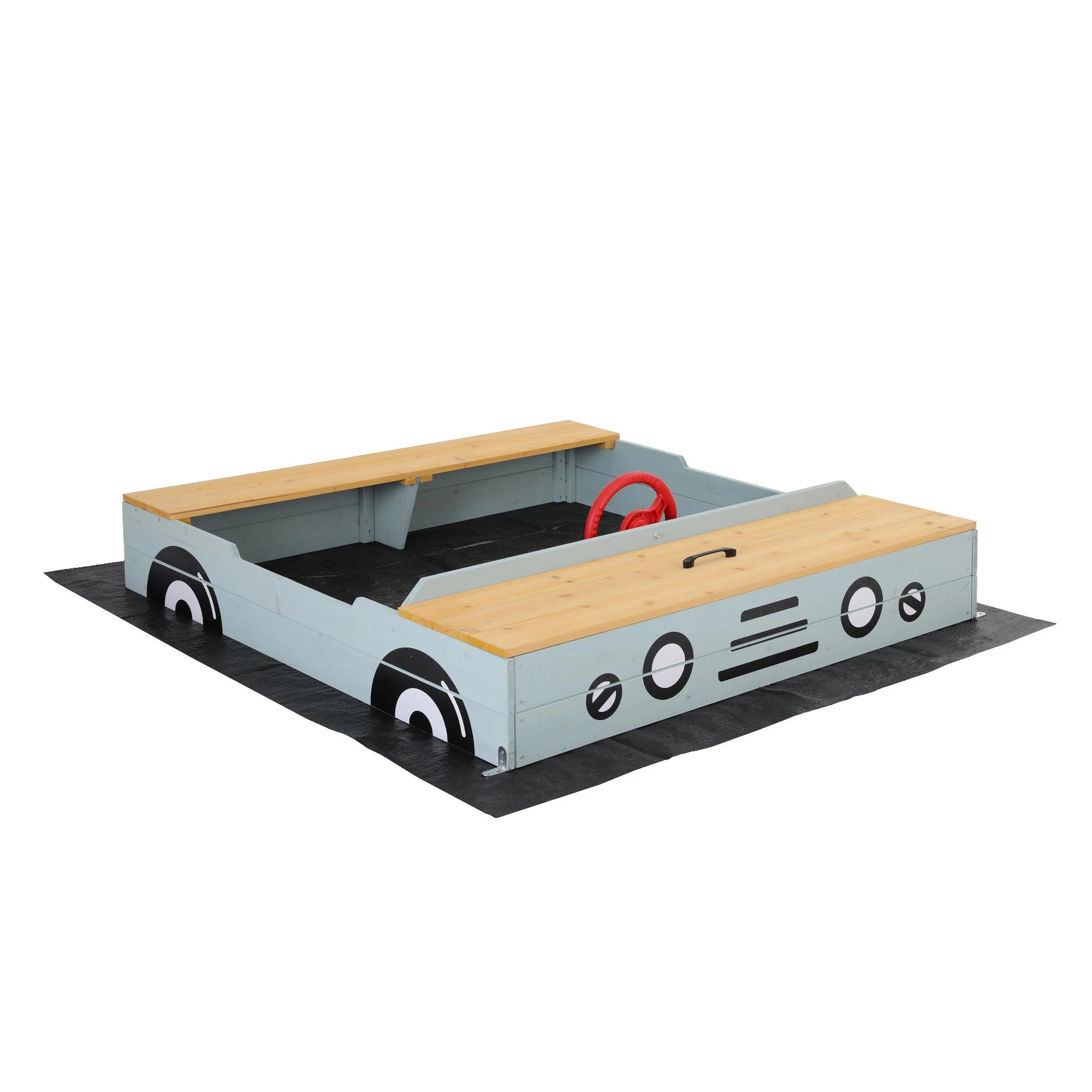 1 Keezi Wooden Car Sandpit Kids Sandbox Outdoor Play Toy w/ Storage Ground Sheet - Blue, 1 of 2