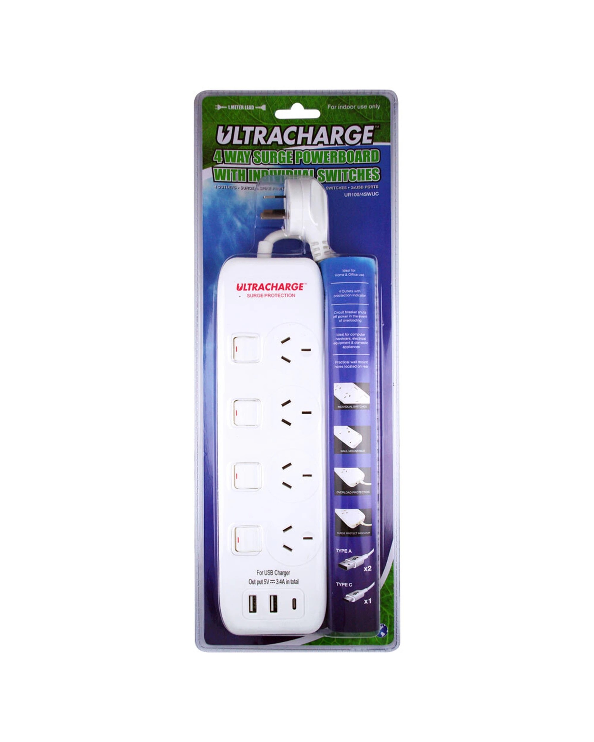 1 Ultracharge Power Board 4 Switch Surge With 3 USB Ports Charging - White, 1 of 3