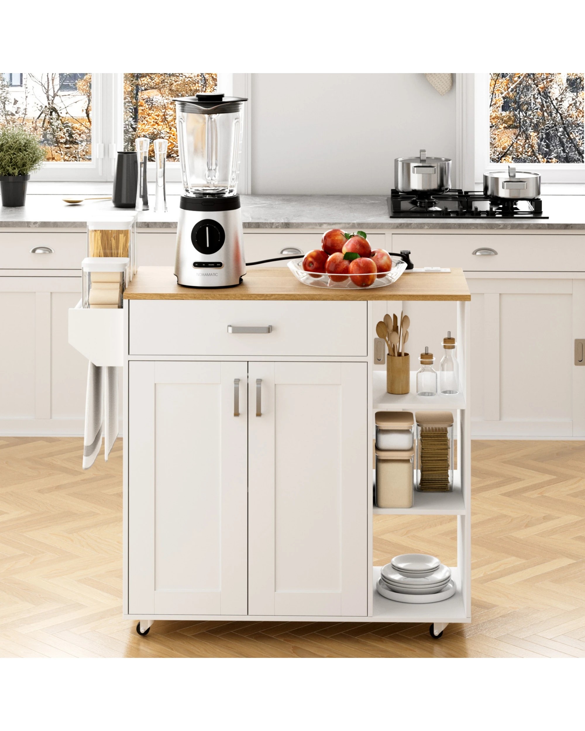 8 Advwin Kitchen Island Cart Rolling Trolley Cabinet on Wheels with Charging Station Adjustable Shelves Spice Rack - White, 8 of 8