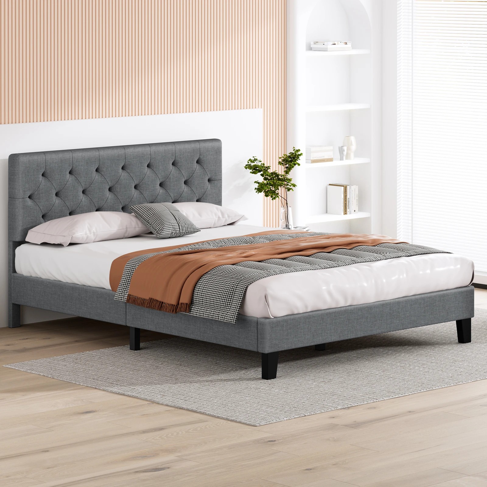 4 Alfordson Bed Frame Queen Size Tufted Headboard Modern Fabric Meduna - Grey, 4 of 9