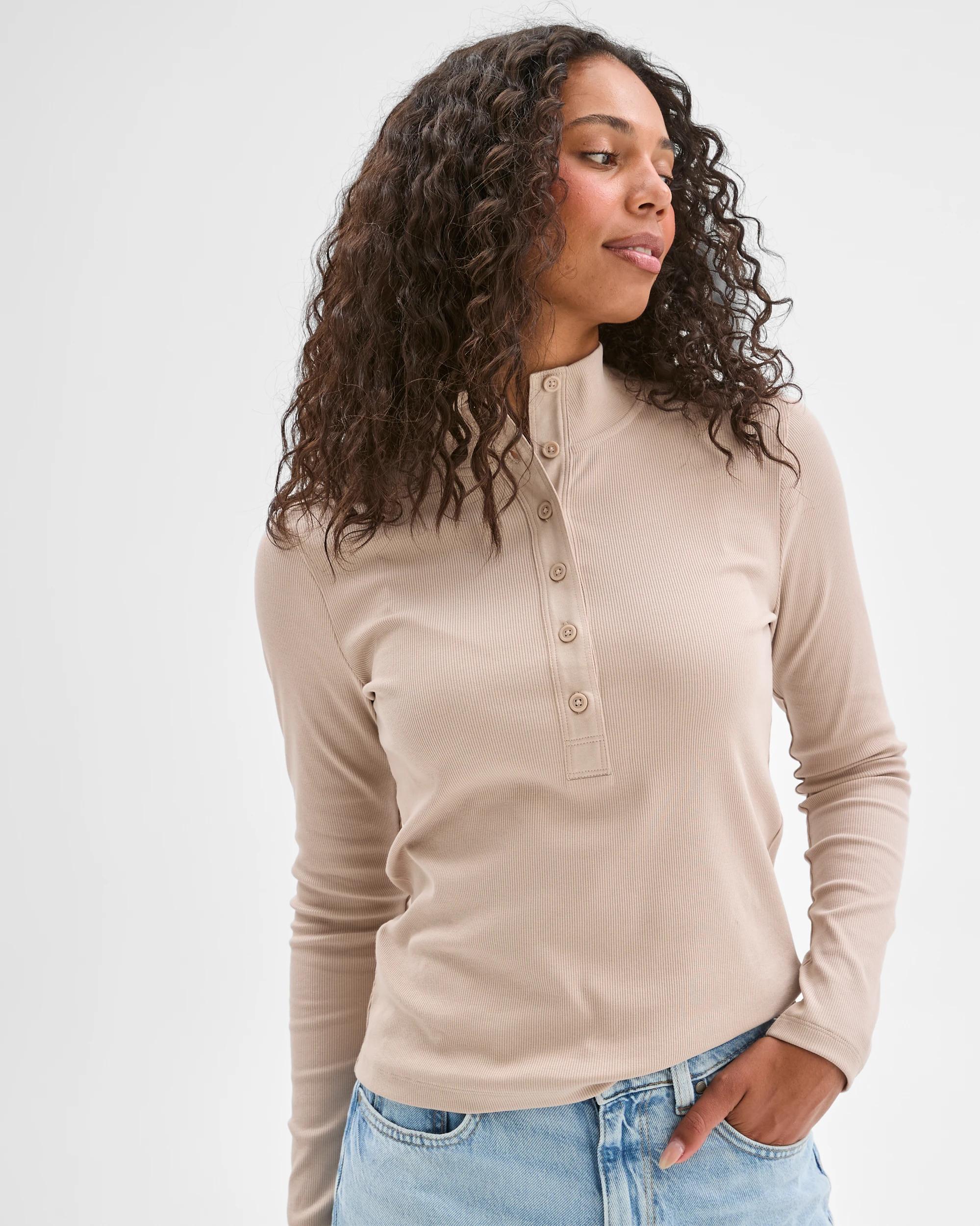 1 Target Woman Australian Cotton Long Sleeve Mock Neck Henley Top DOVE, 1 of 6