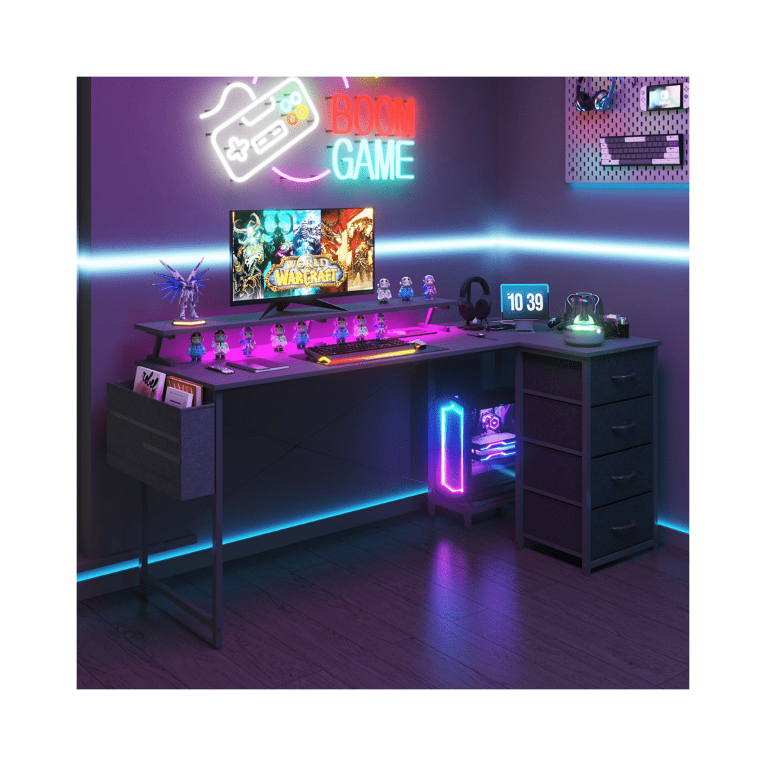 10 Advwin 160cm Black L Shaped Gaming Desk With Led Lights & Power Outlets Convertible Computer Desk With Monitor Stand, 10 of 10