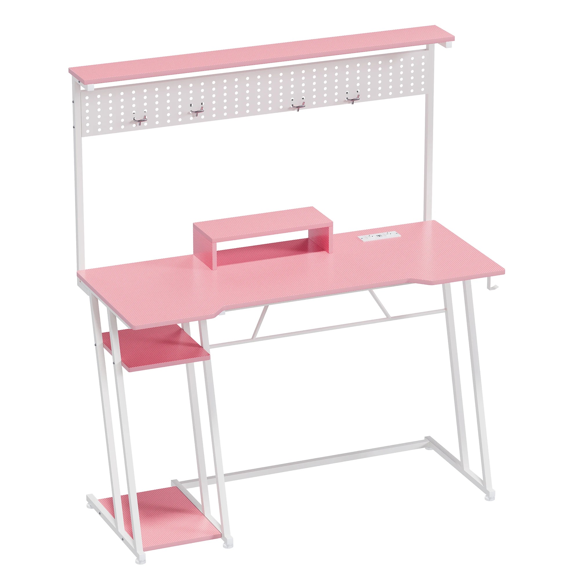 8 Advwin 120cm LED Gaming Desk w/ Power Outlets Reversible Carbon Fiber w/ Shelf hook & Pegboard - Pink, 8 of 8