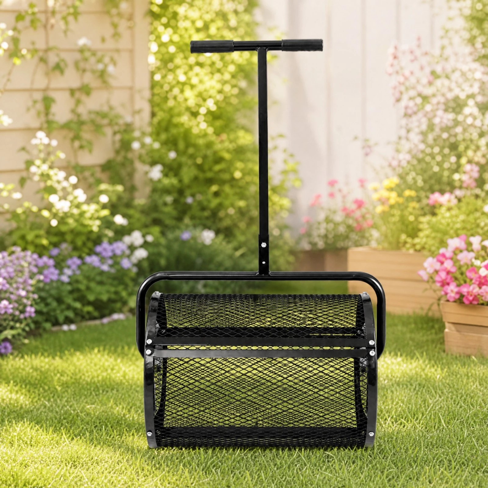 2 Costway Compost Spreader 61cm Peat Moss Spreader Roller w/Adjustable Handle Metal Mesh Basket - Black, 2 of 5