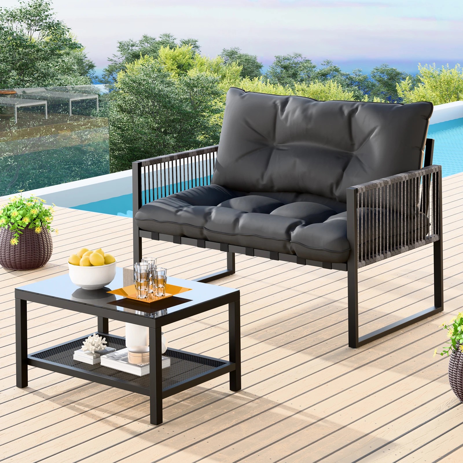 2 Alfordson 2PCS Outdoor Lounge Sofa Set Wicker Furniture Table and Chairs Garden - Black Grey, 2 of 9