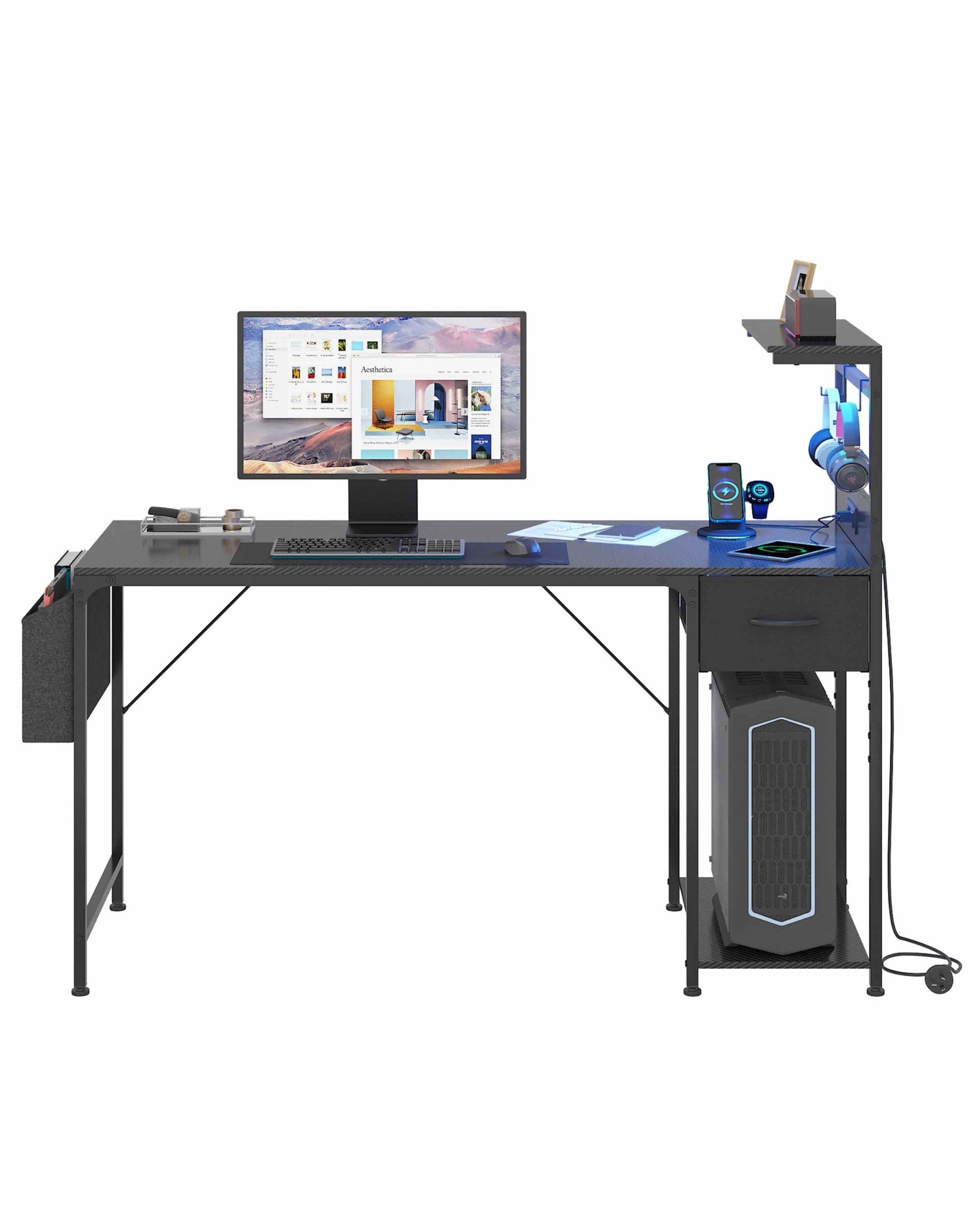 10 Advwin Gaming Desk with LED Lights & Power Outlets Reversible Storage Shelf 120cm Computer Desk with Fabric Drawer, 10 of 10