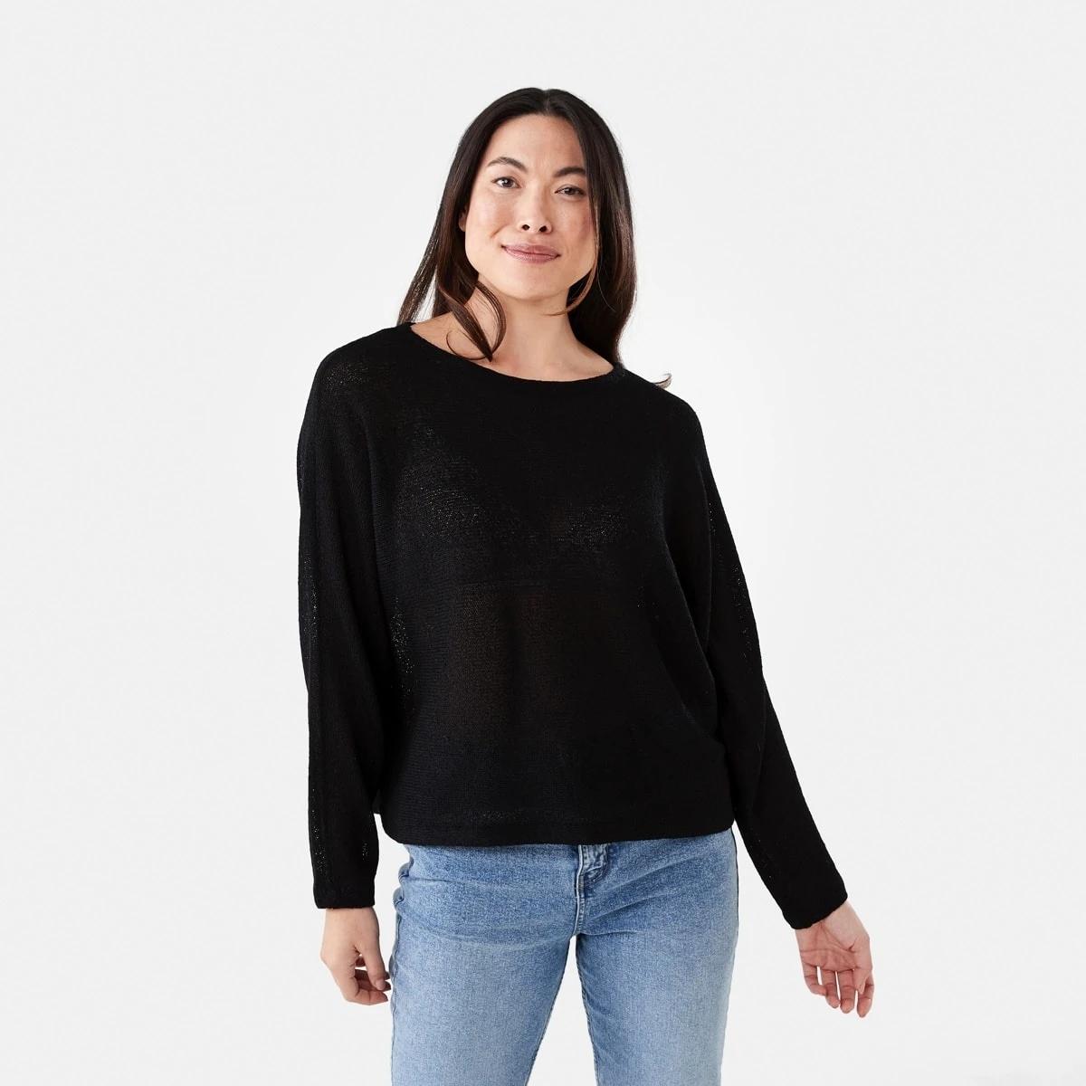 1 Open Knit Batwing Sleeve Jumper Black, 1 of 5