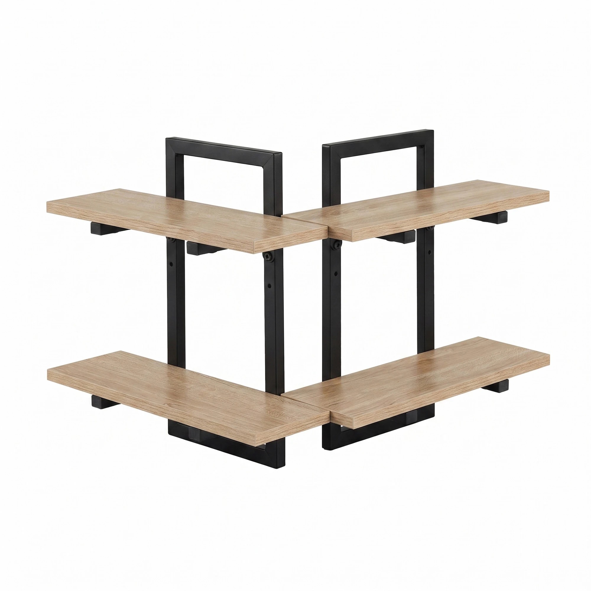 3 Artiss Set of 2 Floating Wall Shelf 2-Tier Wall-Mounted Display Ledge Wood&Metal - Natural, 3 of 8
