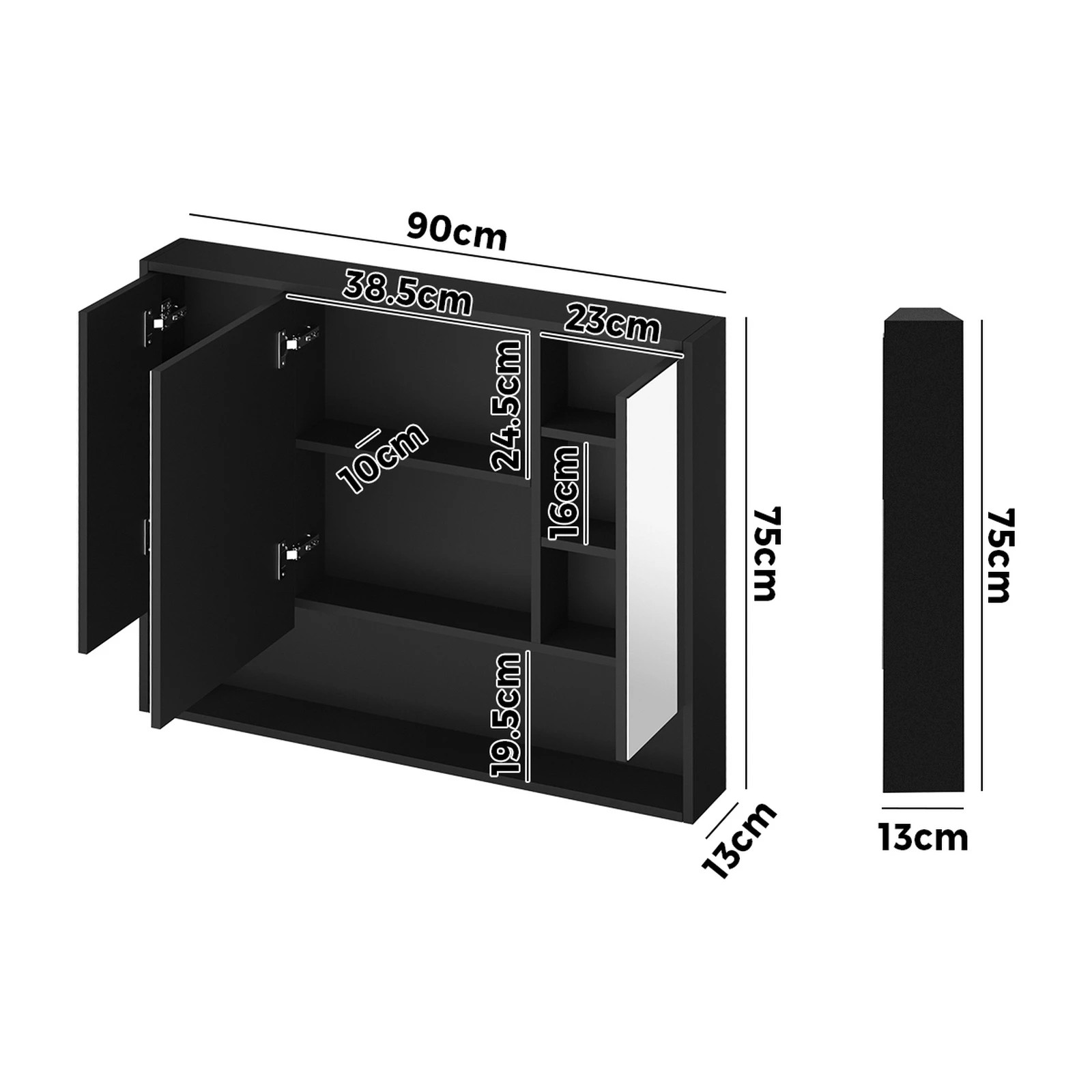 7 Welba Bathroom Mirror Cabinet Storage 900x750mm - Black, 7 of 7