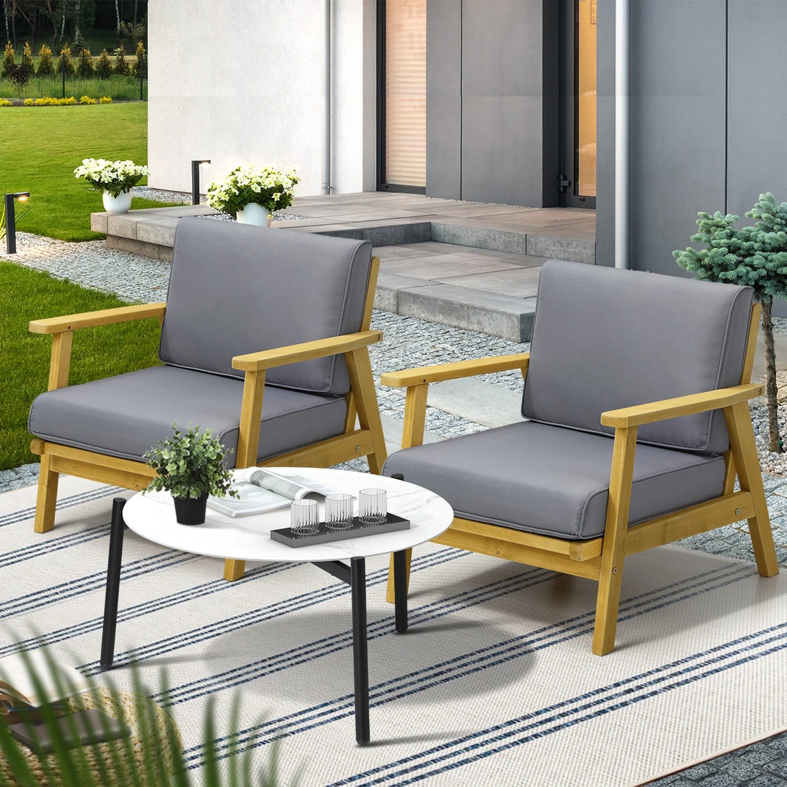 4 Livsip Outdoor Lounge Set 3PCS Patio Furniture Sets 70cm White Coffee Side Table - Multi, 4 of 9