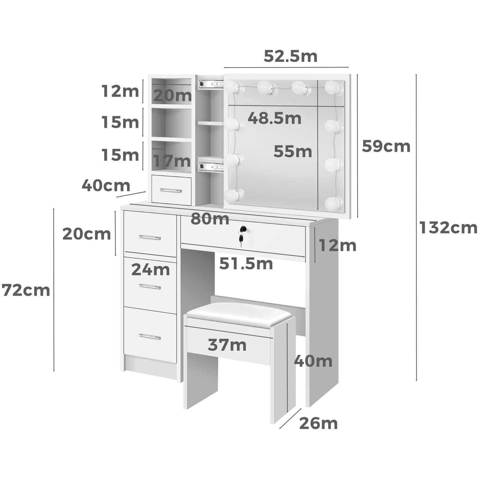 9 Alfordson Dressing Table Stool Set Makeup Vanity Desk LED 10 Bulbs - White, 9 of 10