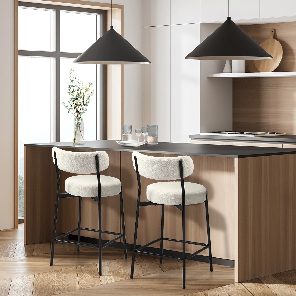 3 Oikiture 2x Bar Stools Kitchen Dining Chairs Counter Stool Boucle
 - White, 3 of 10